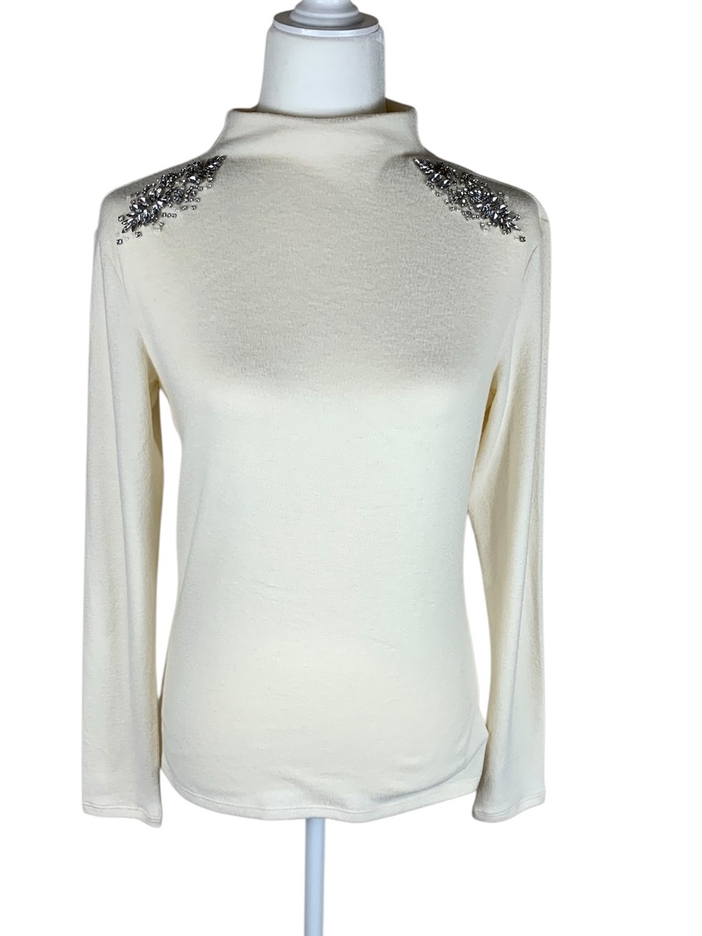 Women's Express Ivory Rhinestone Embellished Mock Neck Long Sleeve Fleece Top M